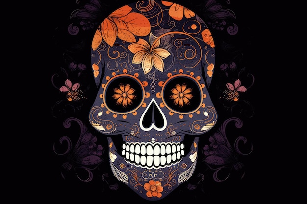 A colorful skull with flowers on it