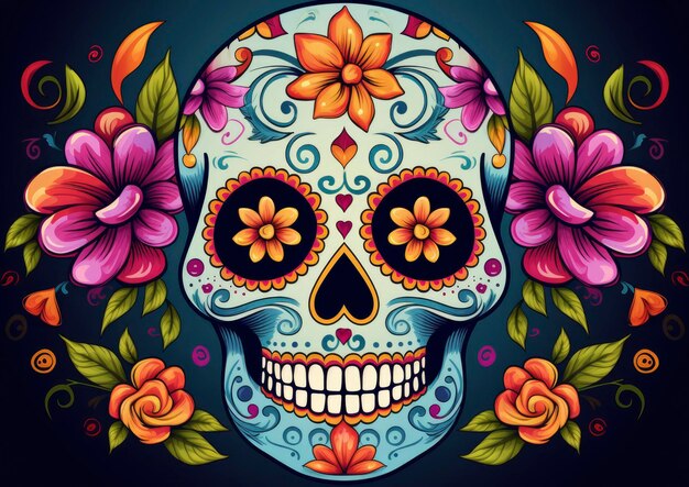 A colorful skull with flowers on it