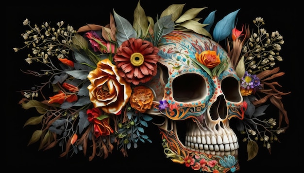 A colorful skull with flowers on it