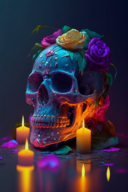 A colorful skull with flowers on it