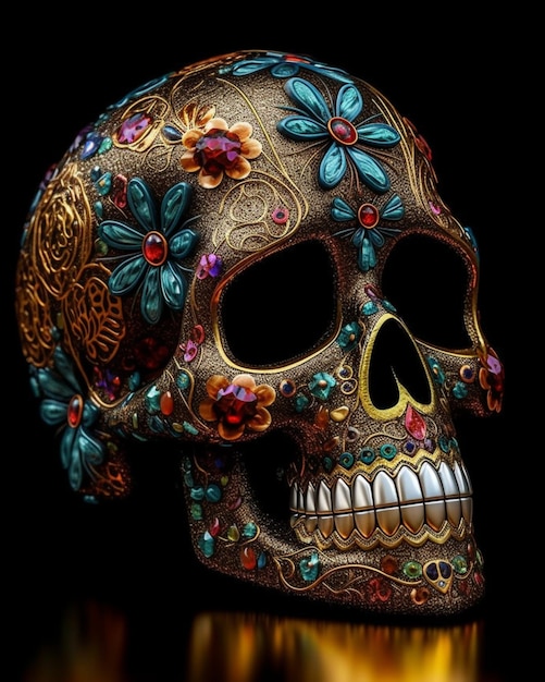 A colorful skull with flowers on it