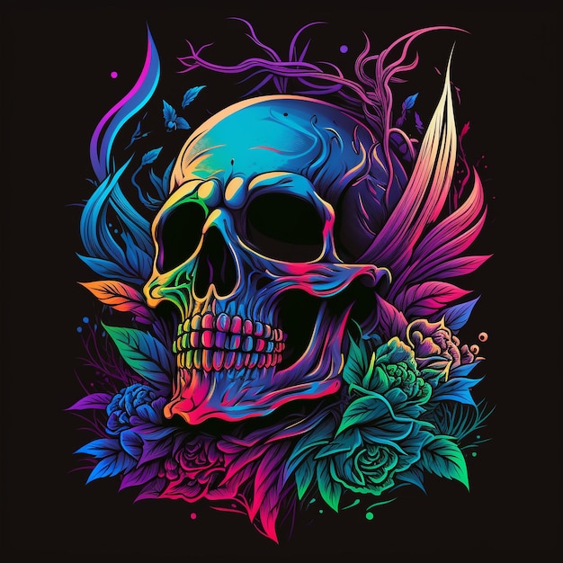 Colorful skull with flowers and leaves on a black background