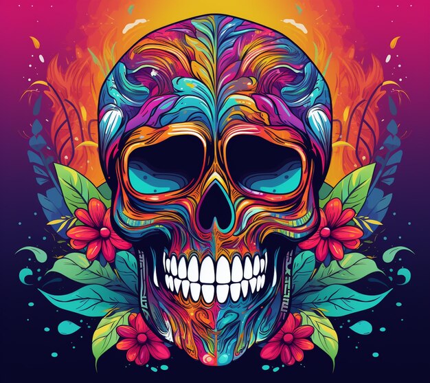 A colorful skull with flowers and leaves on a dark background generative ai