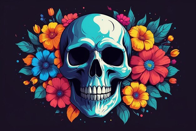 A colorful skull with flowers and a skull on it