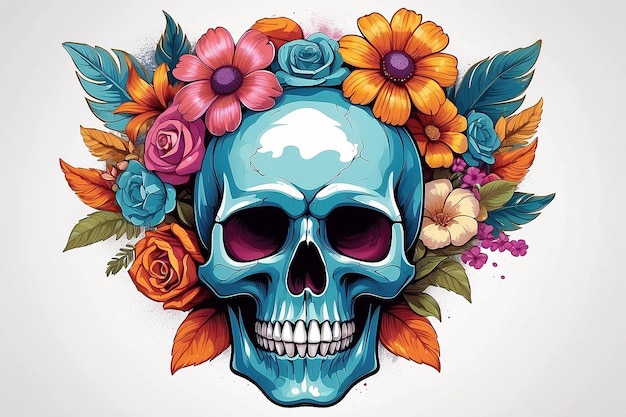 A colorful skull with flowers and a skull on it