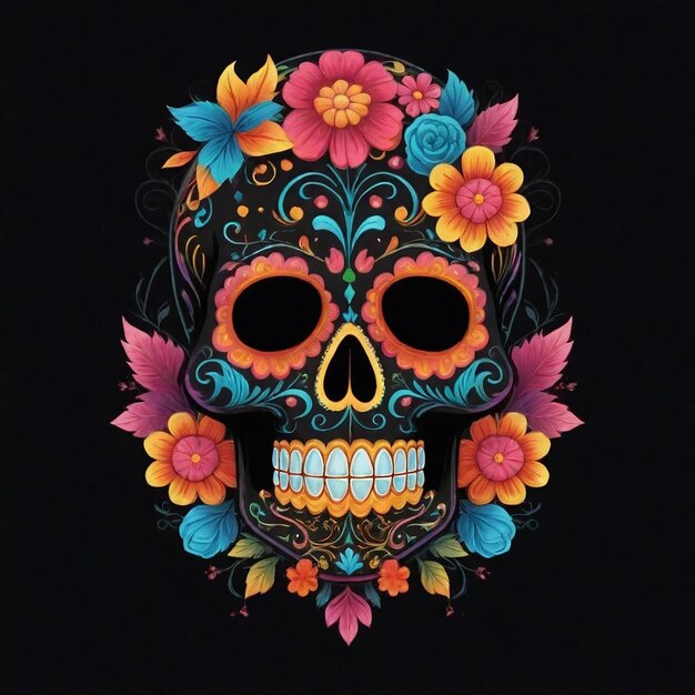 a colorful skull with flowers and a skull on it