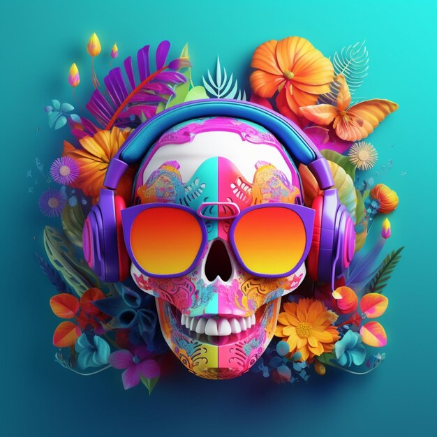 A colorful skull with headphones and sunglasses