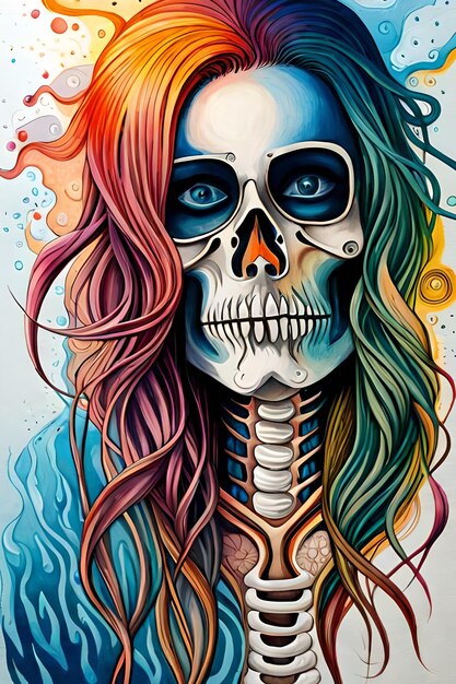 Photo a colorful skull with a long hair and a long tail.