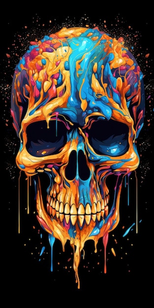 A colorful skull with paint splatters