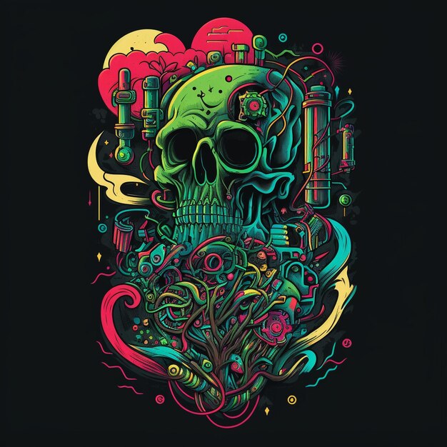 A colorful skull with a pipe and smoke coming out of it.