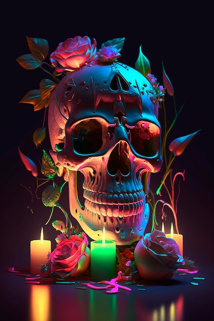 A colorful skull with roses on it.