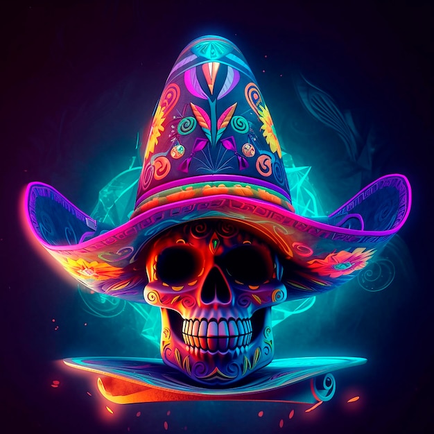 A colorful skull with a sombrero on it