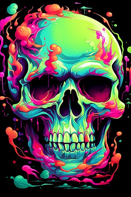 a colorful skull with a splaty face and a black background generative ai