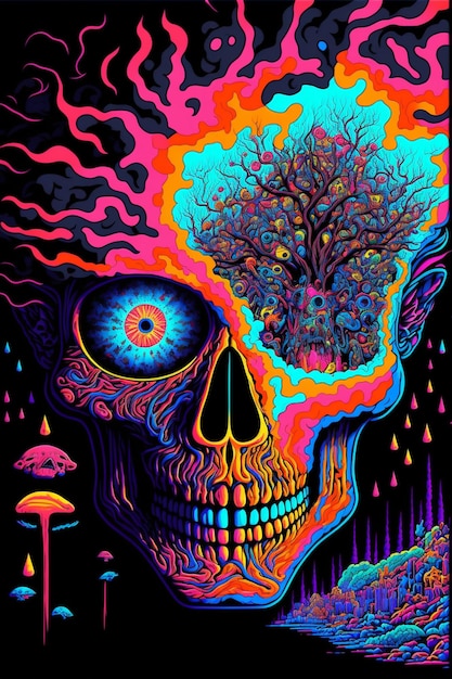 A colorful skull with a tree on it.