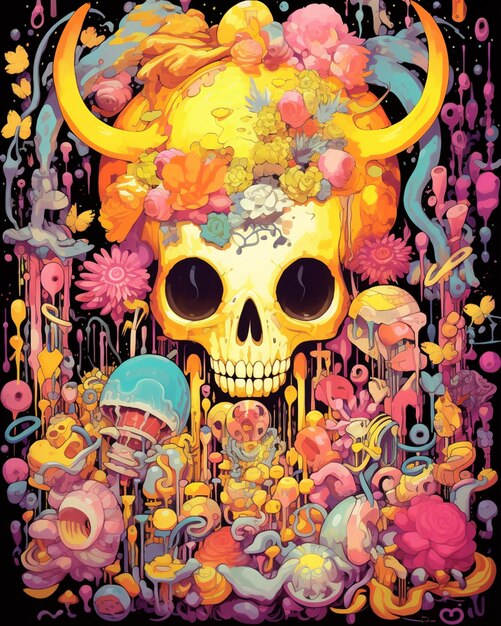 A colorful skull with a yellow skull on it