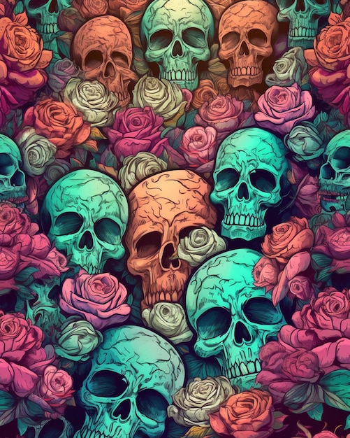 Colorful skulls and roses on a colorful background.