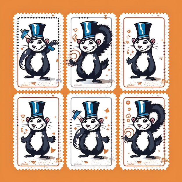 Colorful a Skunk Mammal With Magician Suit Performing a Trick With a Animal Stamp collection idea