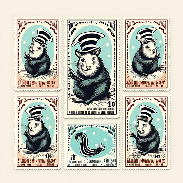 Photo colorful a skunk mammal with magician suit performing a trick with a animal stamp collection idea