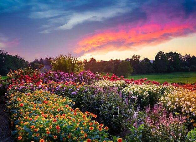 Photo colorful sky evening in dreamy flower garden