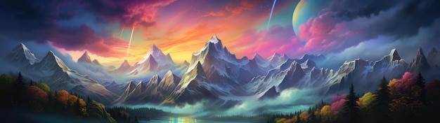 a colorful sky over mountains