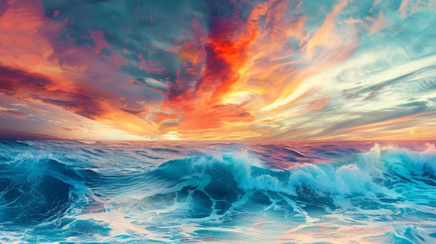 Photo colorful sky and ocean wave abstract background oil painting style
