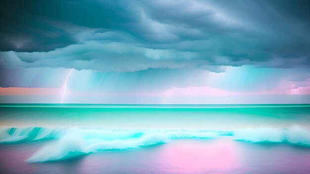 A colorful sky over the ocean with a rainbow in the background