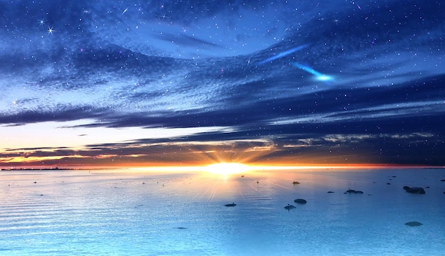 Colorful sky on sunset at sea water reflection gold sun beam and starry sky star fall  flares