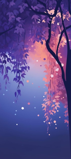 A colorful sky and a tree hung in the moonlight