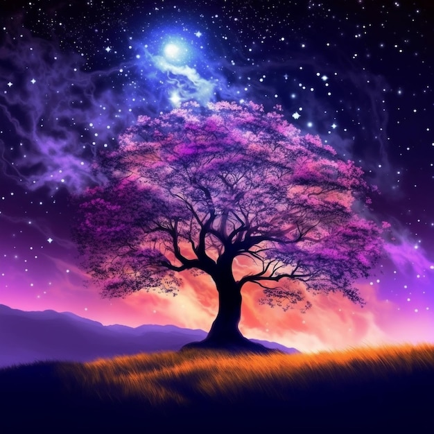 A colorful sky and a tree hung in the moonlight