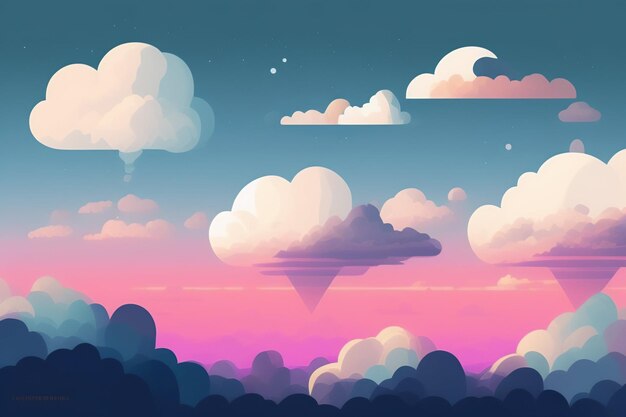 A colorful sky with clouds and a pink sky with a moon and stars.