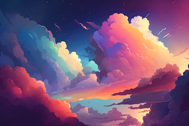 A colorful sky with clouds and stars