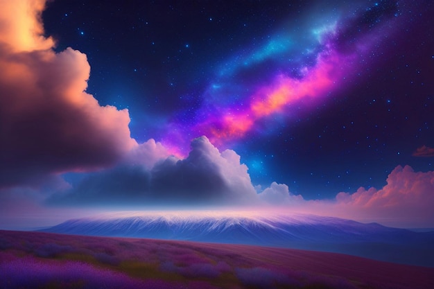 A colorful sky with a purple and pink cloud and a purple cloud