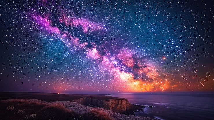Photo a colorful sky with a purple and yellow galaxy in the background