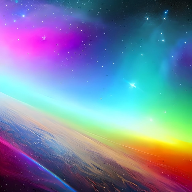 Photo a colorful sky with a rainbow and a planet in the background.