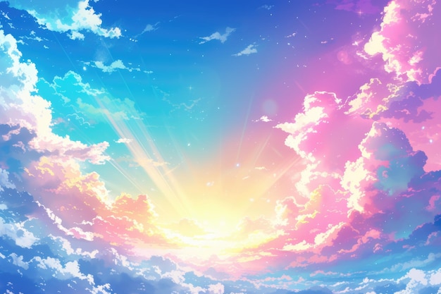 Цветное небо с мягкими облаками и радугой