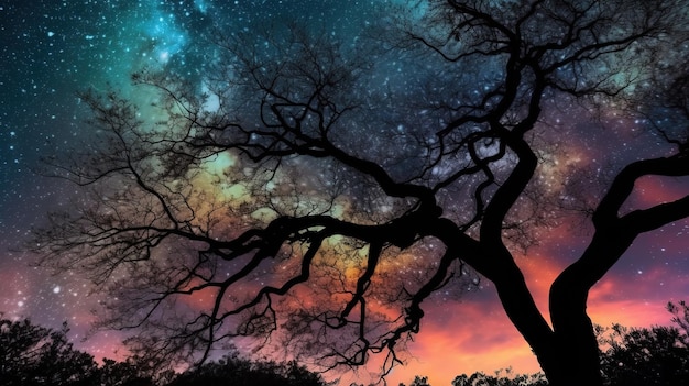 A colorful sky with stars and a tree
