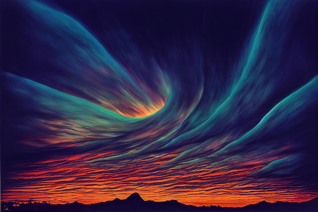 A colorful sky with a sunset and a swirl of clouds