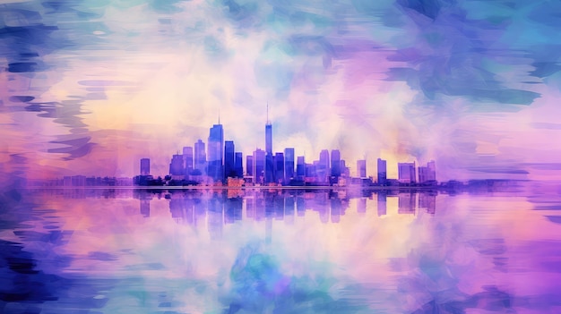 A colorful skyline with a purple and blue sky