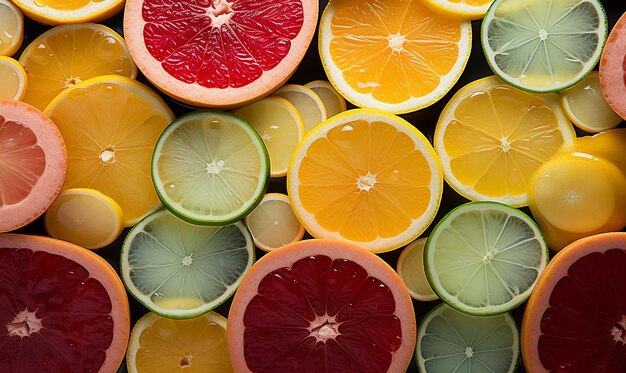 Colorful sliced citrus fruit array