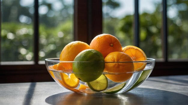 写真 鮮やかで健康的な装飾に最適な木製のテーブルの上にあるガラスの鉢に色とりどりのスライスされた<unk>果物