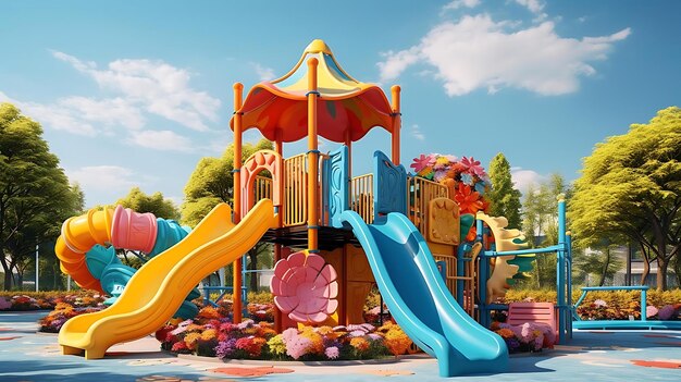 A colorful slide for kids with a blue sky and a white cloud