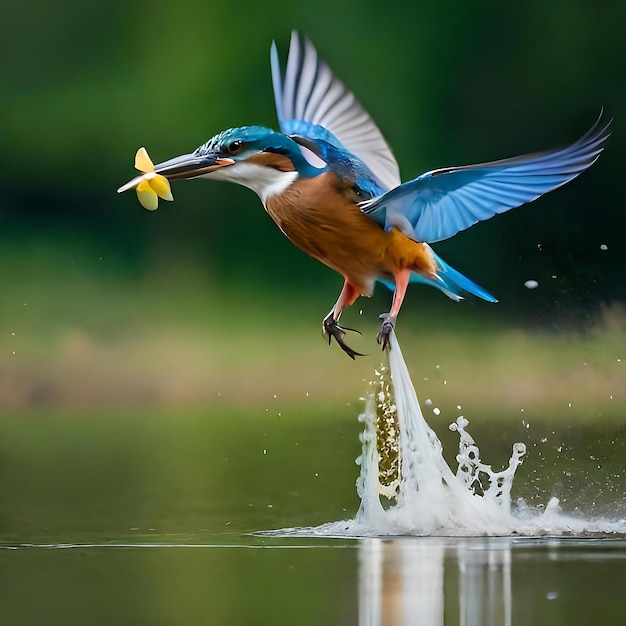 A colorful small kingfisher bird flying water 01
