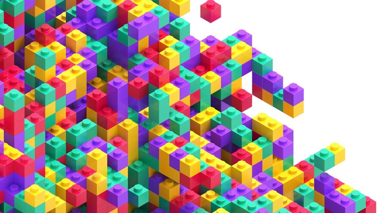 흰색 배경을 완전히 채우는 다채로운 작은 장난감 벽돌 알파 레이어가 포함된 3d 렌더링