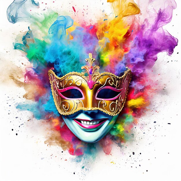 Colorful smiling carnival mask in an explosion of colors and colored smoke on a white background