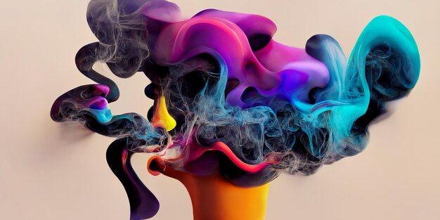 A colorful smoke cloud is being dropped into a yellow liquid.