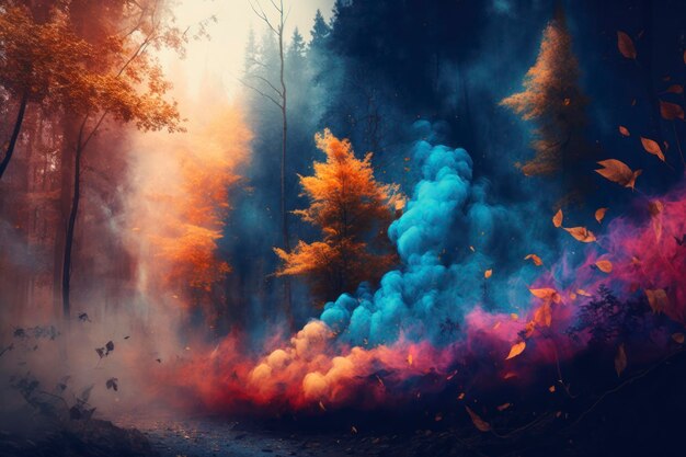 Colorful smoke in forest autumn background