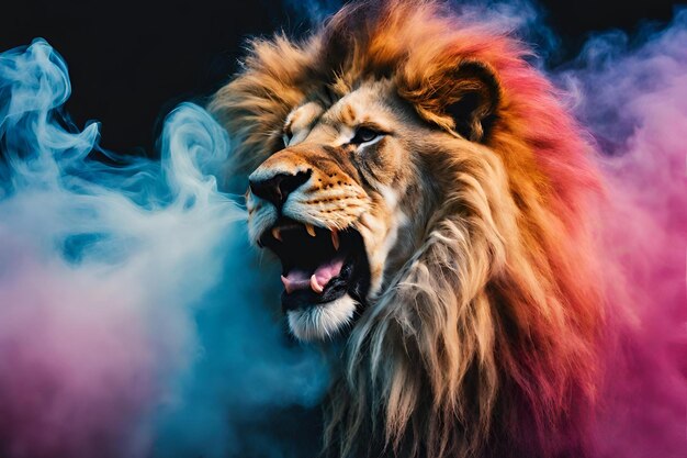 Photo colorful smoke in the form of a lion