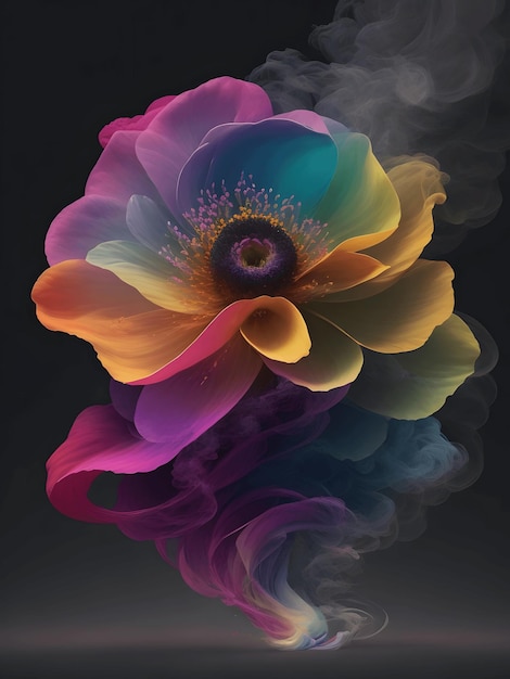 Разноцветный дым кружится в форме гигантского потустороннего цветка, созданного искусственным интеллектом