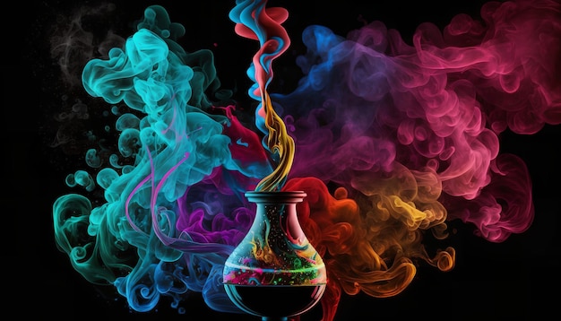 A colorful smokey jar with a colored liquid in it