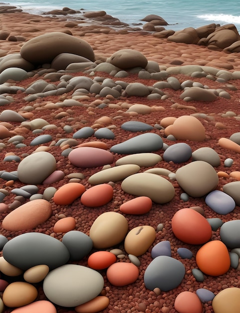 아름다운 해변 AI가 생성된 다채로운 부드러운 자갈 돌 더미